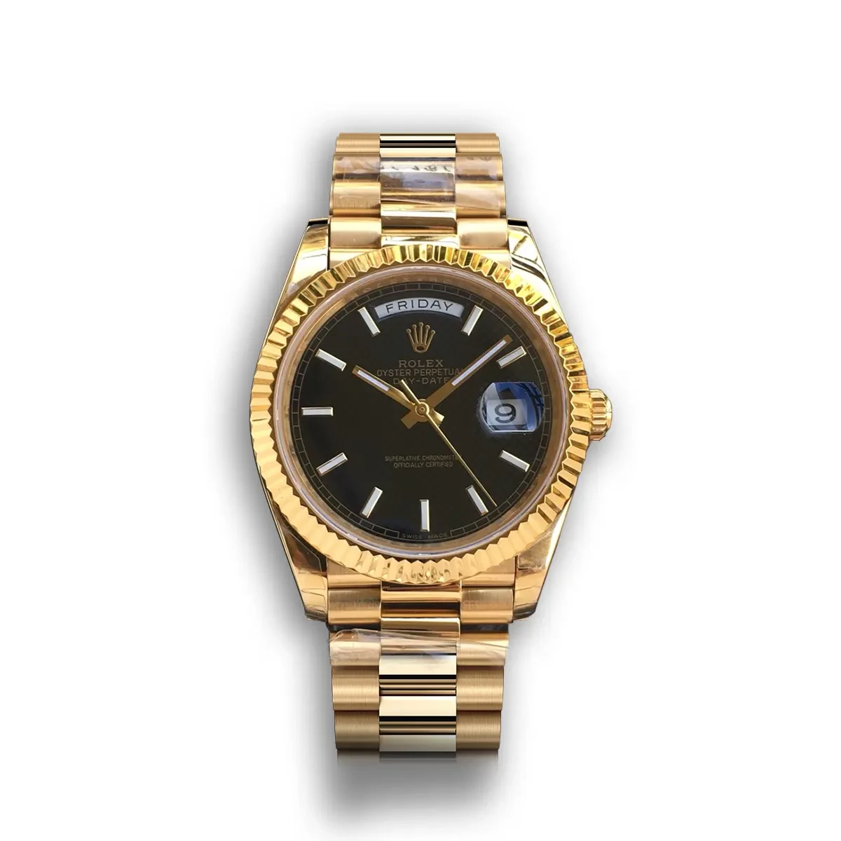 Rolex Day-Date 228238 Black Dial Fluted Bezel Watch